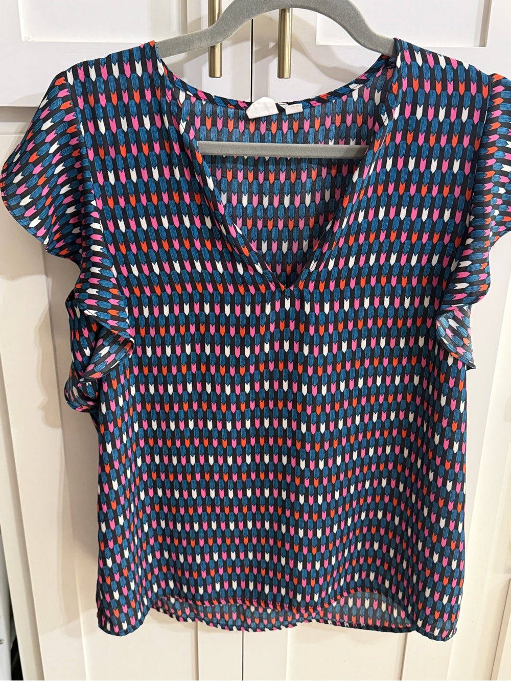Navy Multicolor Geometric Flutter Sleeve Blouse